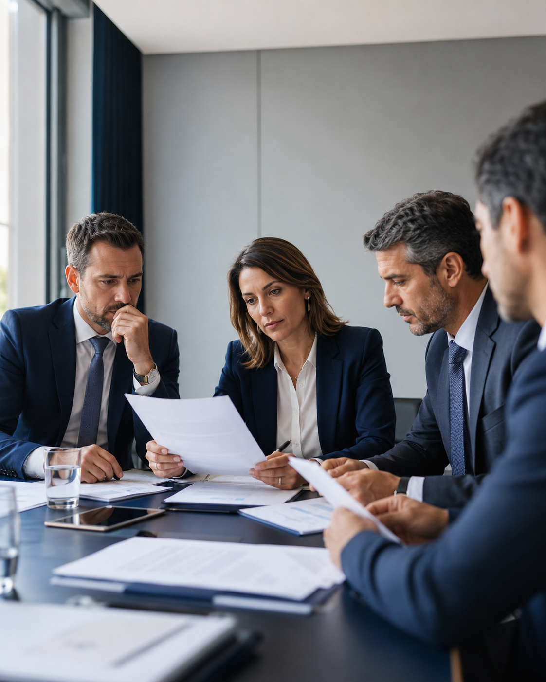 Reunião de diretoria analisando contratos e resultados em torno da mesa